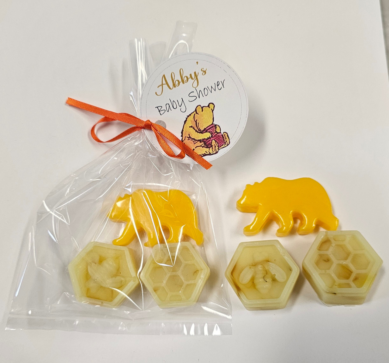 bear with bee soap party favor with personalized tags